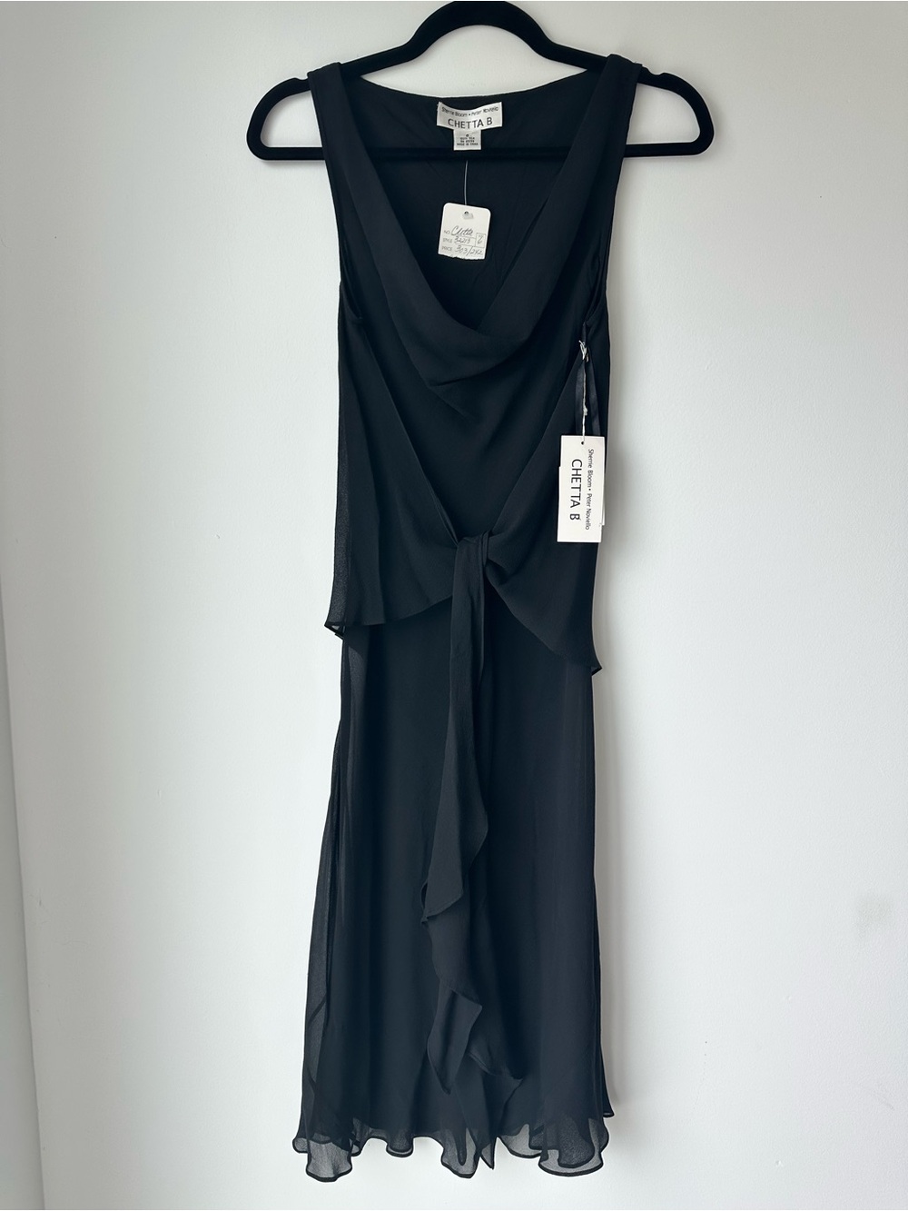 Vintage Chetta B 100% Silk Black Sleeveless Cowl Tie-Front Midi Dress Size 6